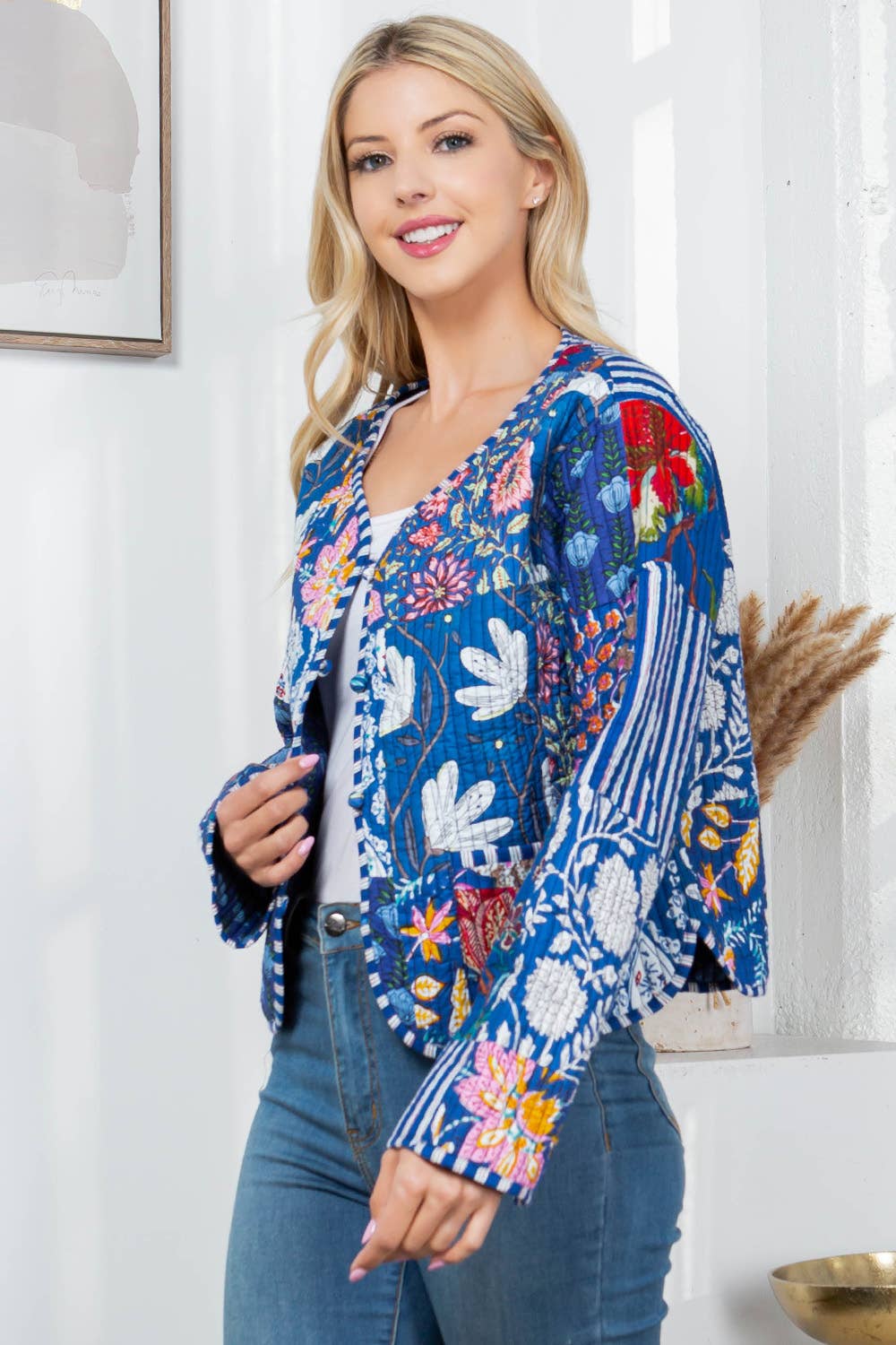 LA Soul - Floral Print Quilted Patch Cotton Jacket - Blue : XXL