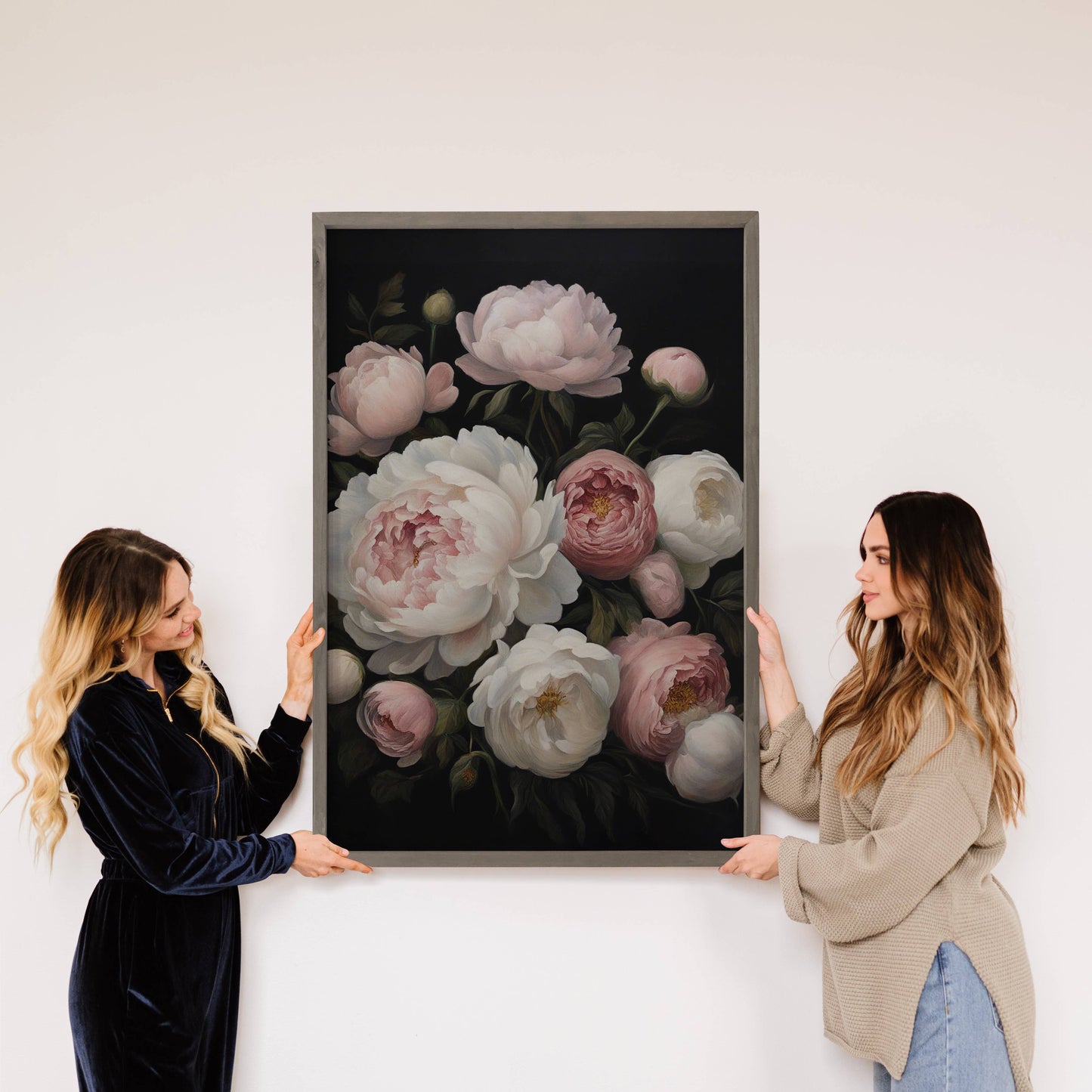 Hangout Home - Pink and White Flowers on Black - Flower Canvas Art - Framed: 24x36" Extra Large Canvas Art with Thick Wood Frame