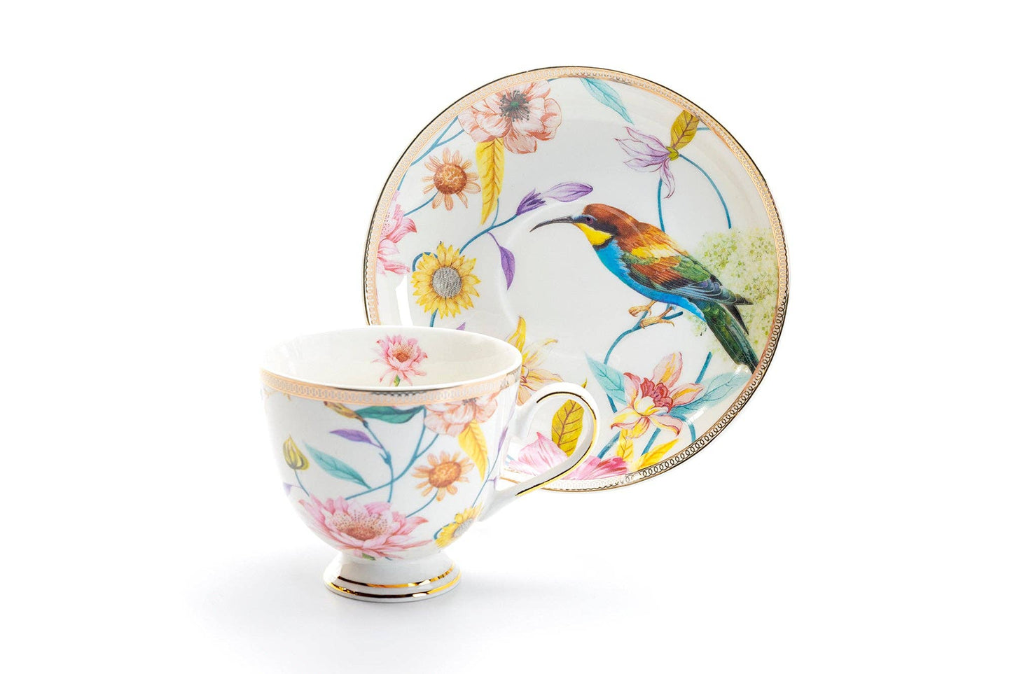 Grace Teaware - Spring Flowers Hummingbird Porcelain Cup & Saucer Set of 4