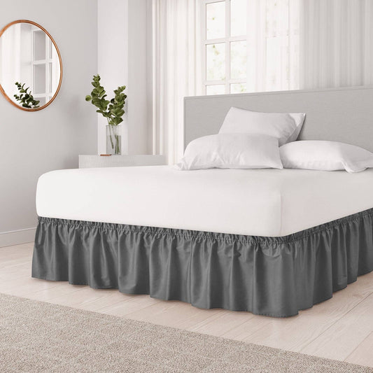 CGK Unlimited - Elastic Wrap-Around Dust Ruffled Bed Skirt- Pleated 12" Drop: Gray / Queen