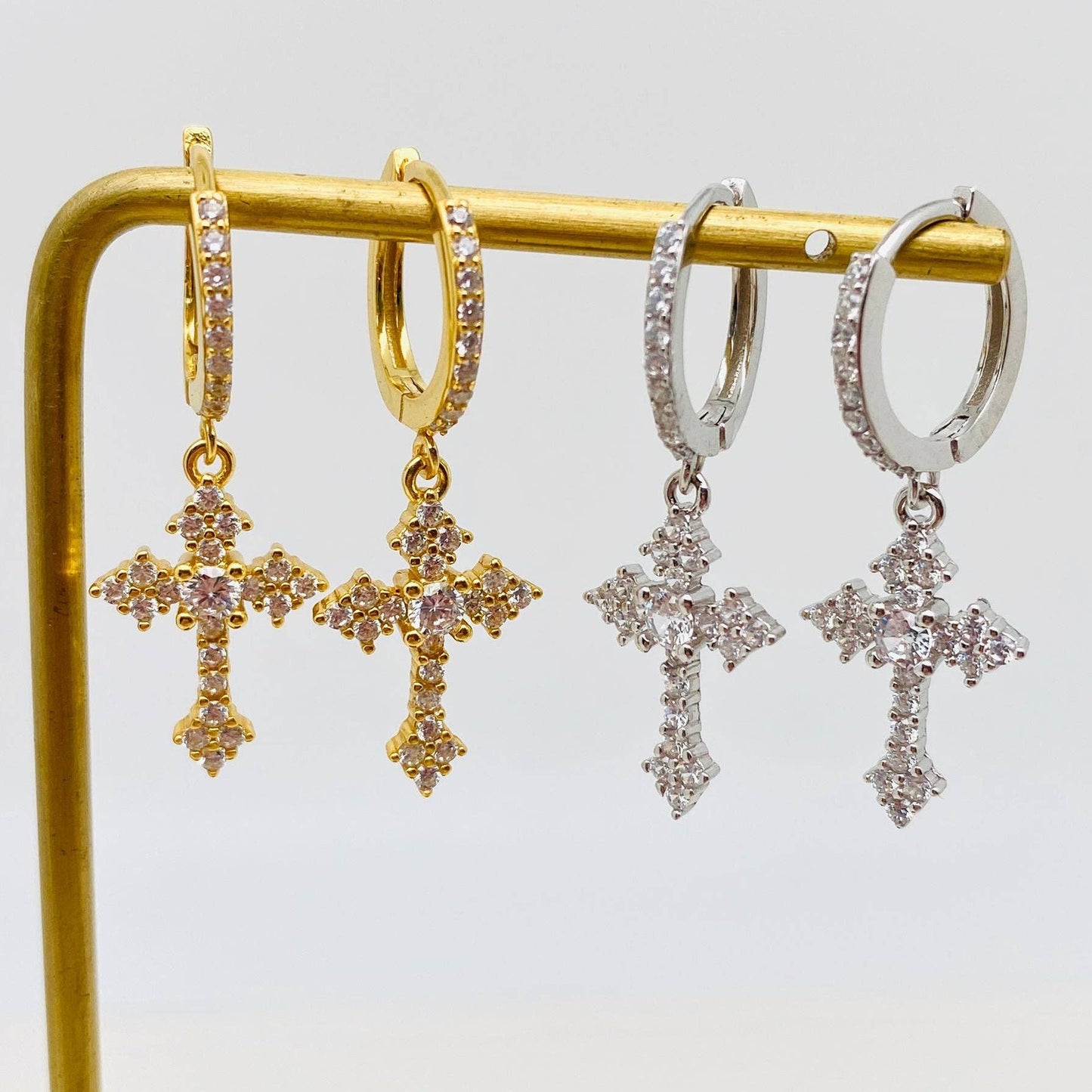 Mio Queena - Mini Zircon Cross Pendant S925 Silver Huggie Earrings: Golden