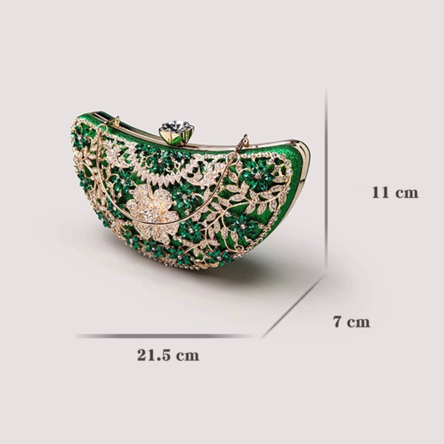 Cici’De Jewelry Amsterdam - Emerald Green Dazzling Half Moon Clutch - Gold Flower Frame