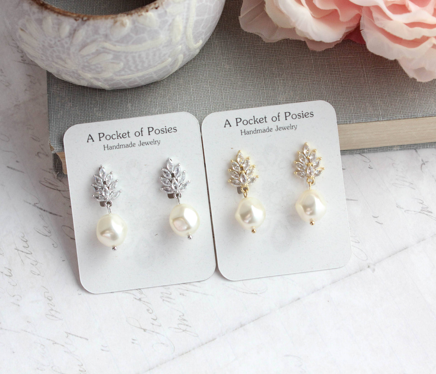 A Pocket of Posies - Glass Leaf Post Earrings | Baroque Pearl | Gold or Silver: Gold Plated