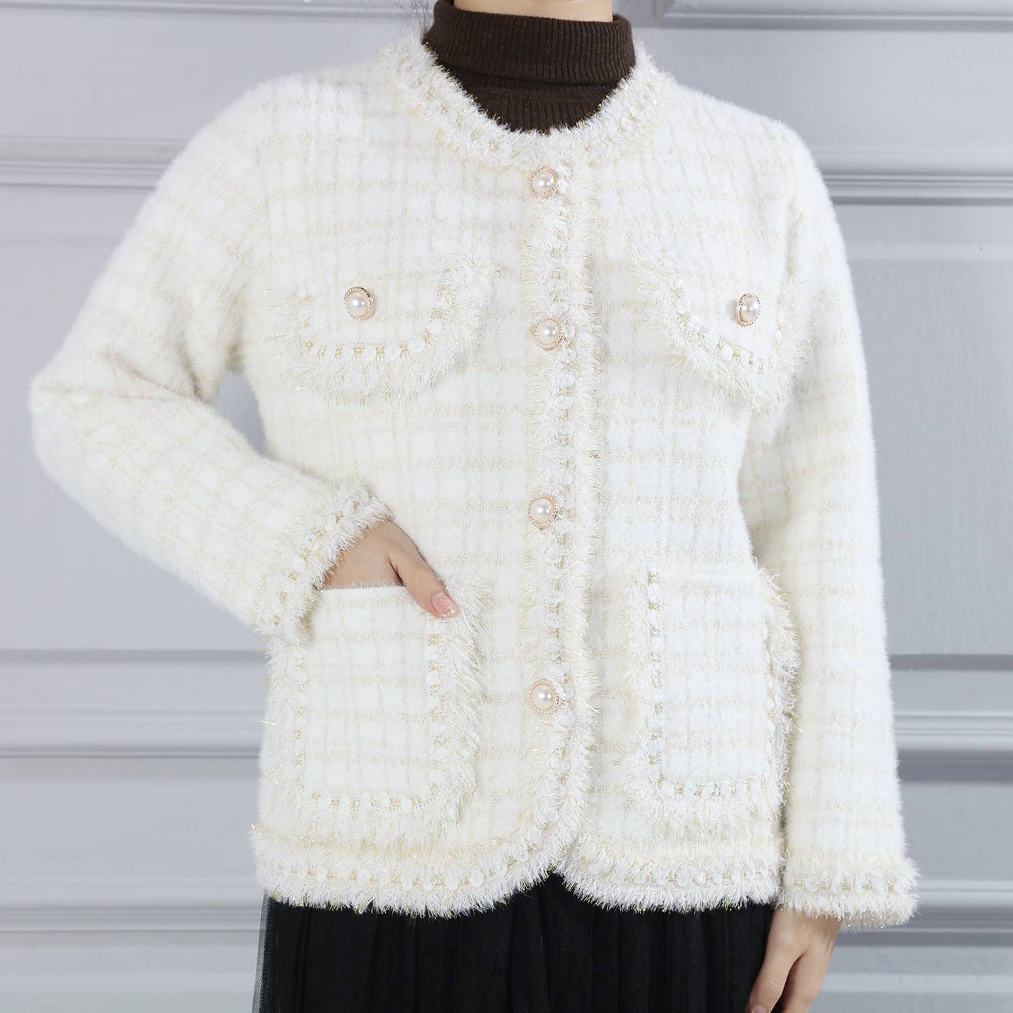 PEACH ACCESSORIES - SD187 Tweed soft cardigan: Black