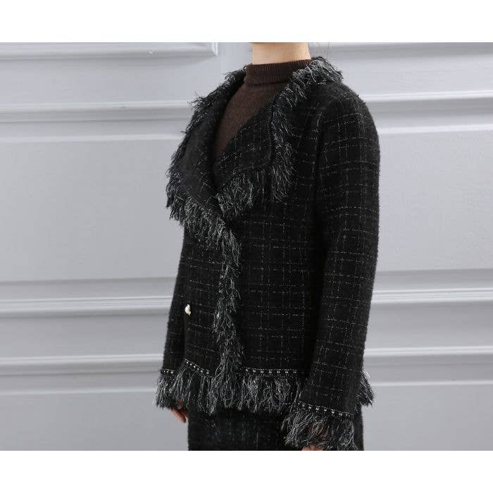 PEACH ACCESSORIES - Classic Tweed Cardigan with Fringe SD196 : Black
