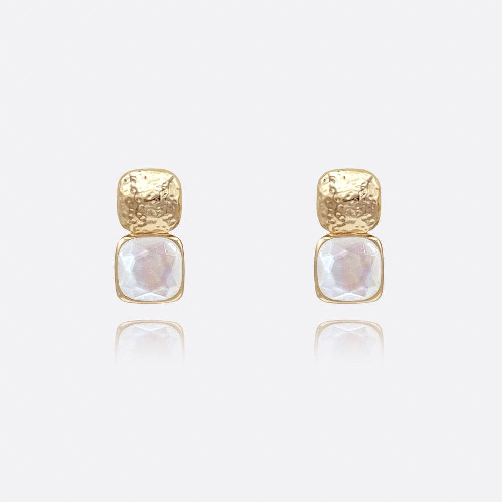 anbfashion - HAMMERED METAL SQUARE STONE EARRING : Gdgrn