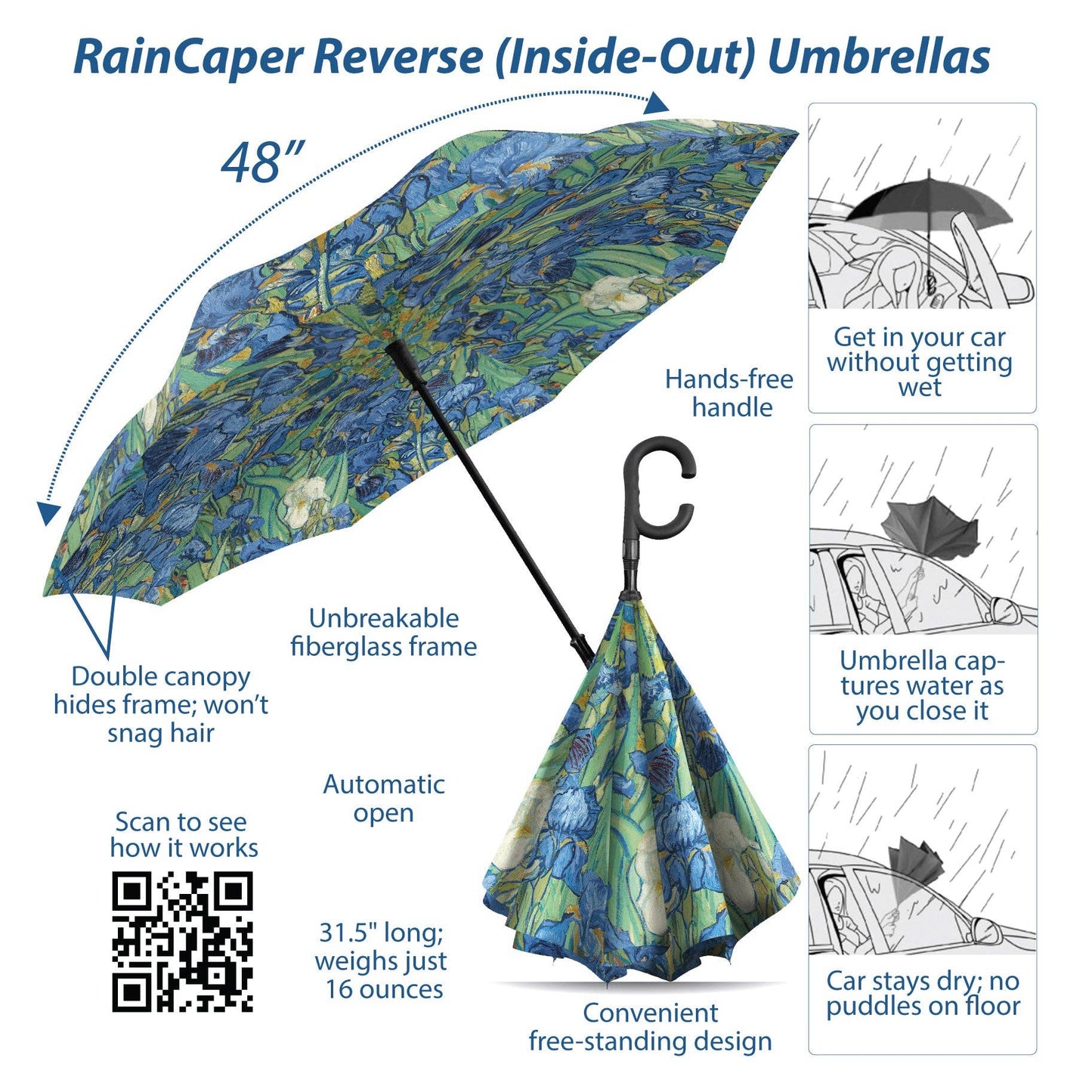 RainCaper - Van Gogh Irises Reverse Inverted Umbrella – Hands-Free
