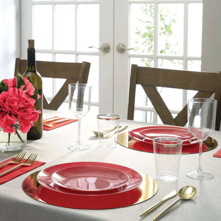 Luxe Party - Red • Gold Round Plastic Plates | 10 Pack: 10 Plastic Plates / 7.25" Appetizer Plates