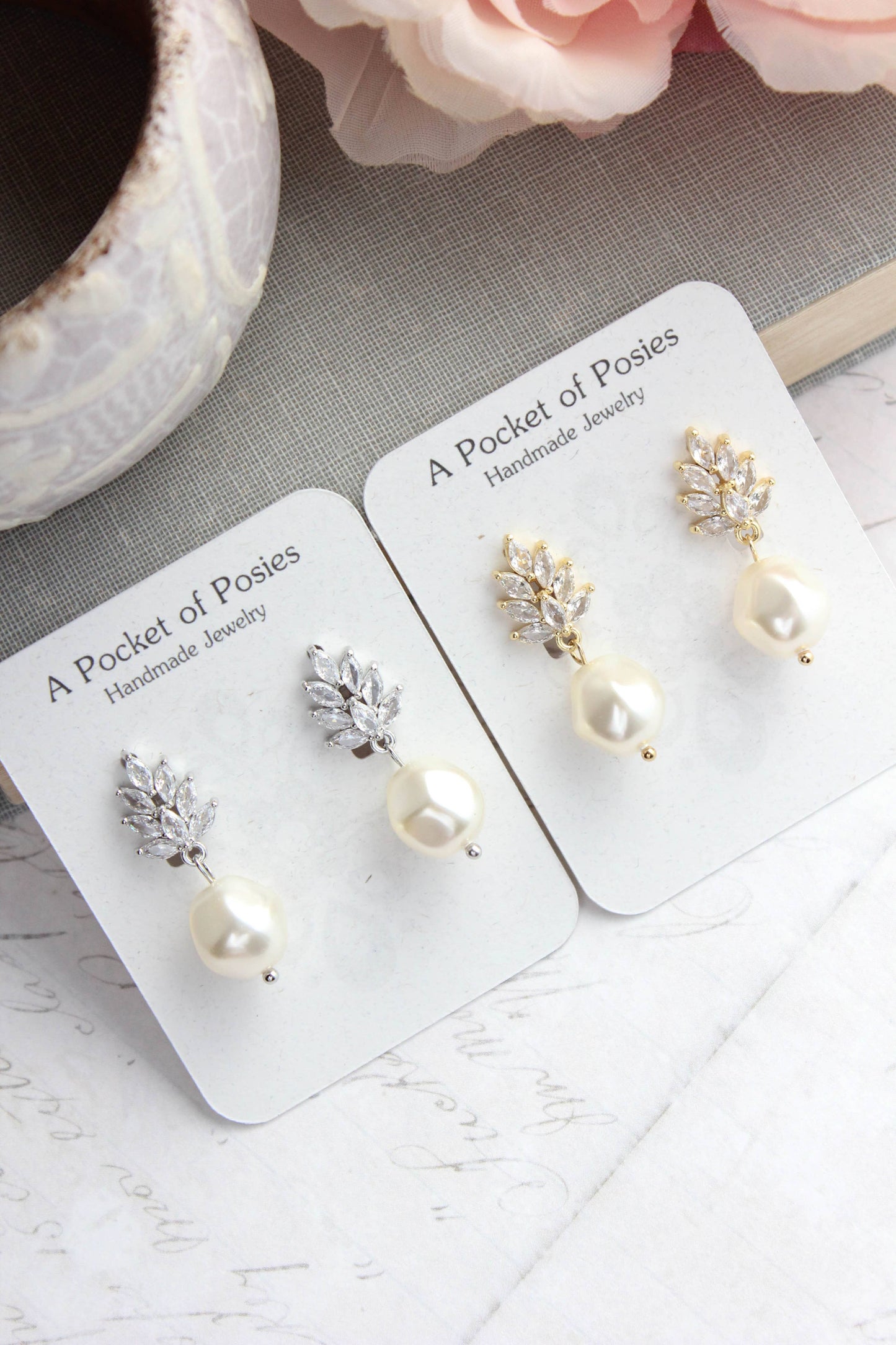 A Pocket of Posies - Glass Leaf Post Earrings | Baroque Pearl | Gold or Silver: Gold Plated