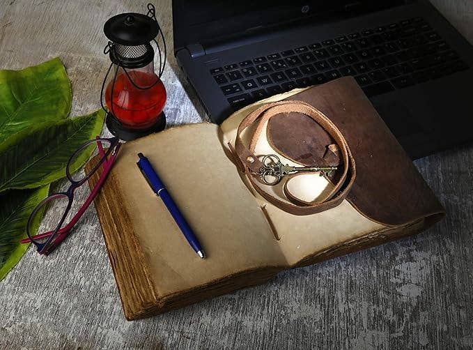 Tuzech Leather - Vintage Journal Retro Travel Diary an Exclusive Handmade Paper Notebook with Key Leather Bound Book Of Shadows Hocus Pocus for Man and Women: Brown / Unlined 7 x 5 Inches