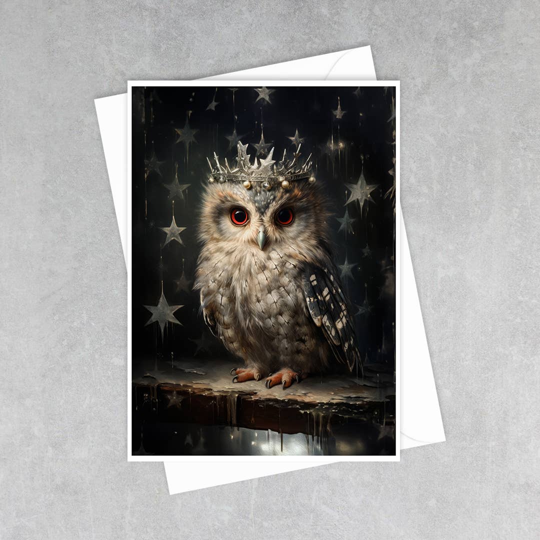 Salty Alyce - Winter Owl Wearing Antique Star Crown  Greeting Card 47AS