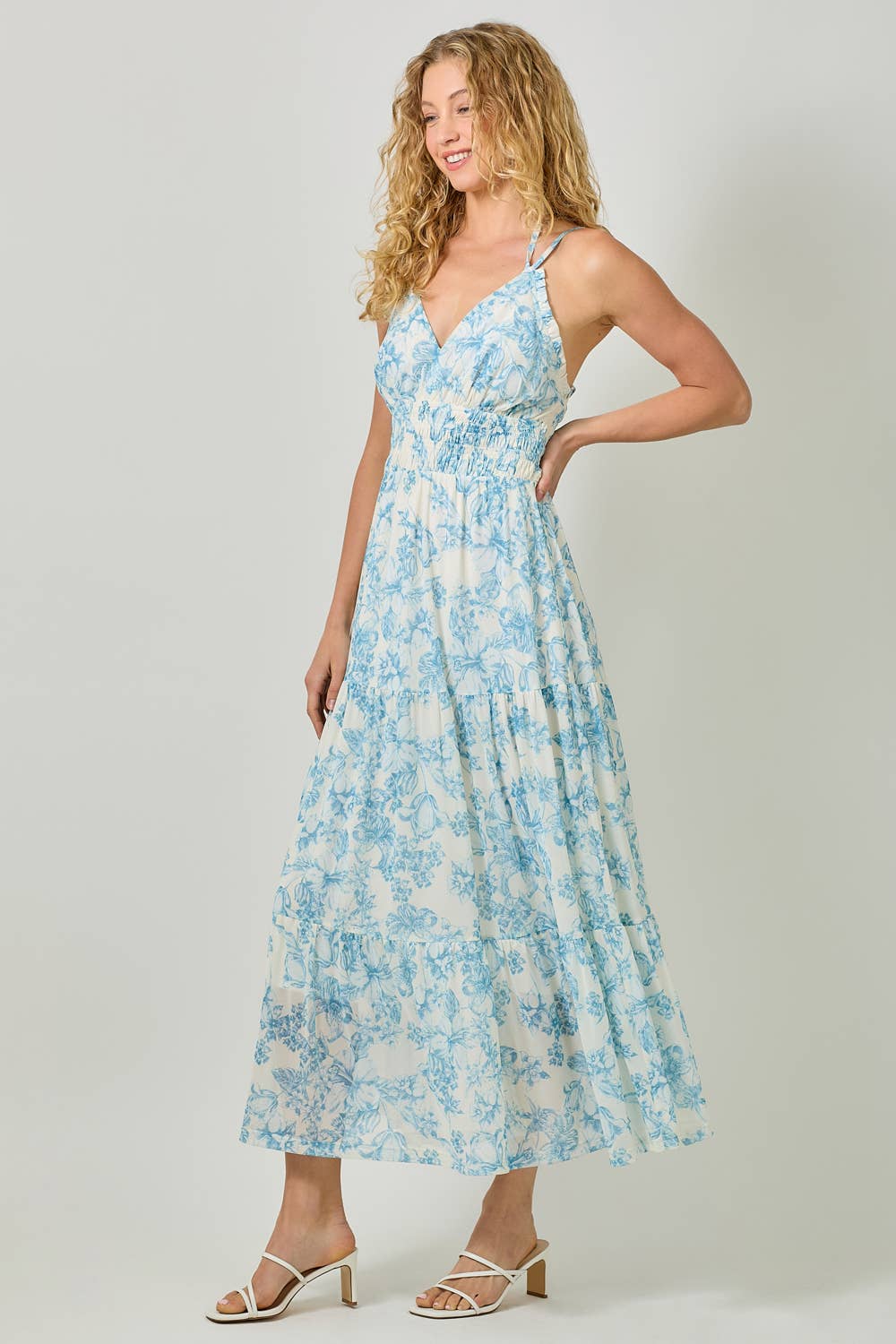 Mystree - 61048 Printed Mesh Long Tiered Dress: Ivory/Pale Blue / Large