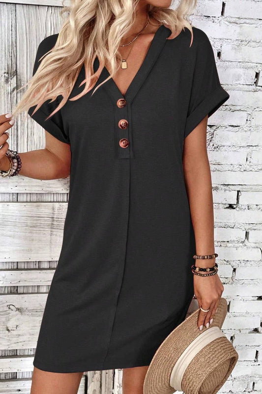 NINEXIS - CWDSD4862_SUMMER V-NECK BUTTON-UP SHORT-SLEEVED DRESS SHORT: Black / (XL) 1