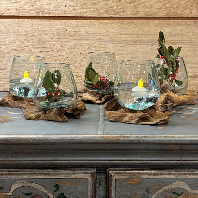 Asia West - Mini Glass Terrarium on Wood (approx. 6" x 5" x 5")