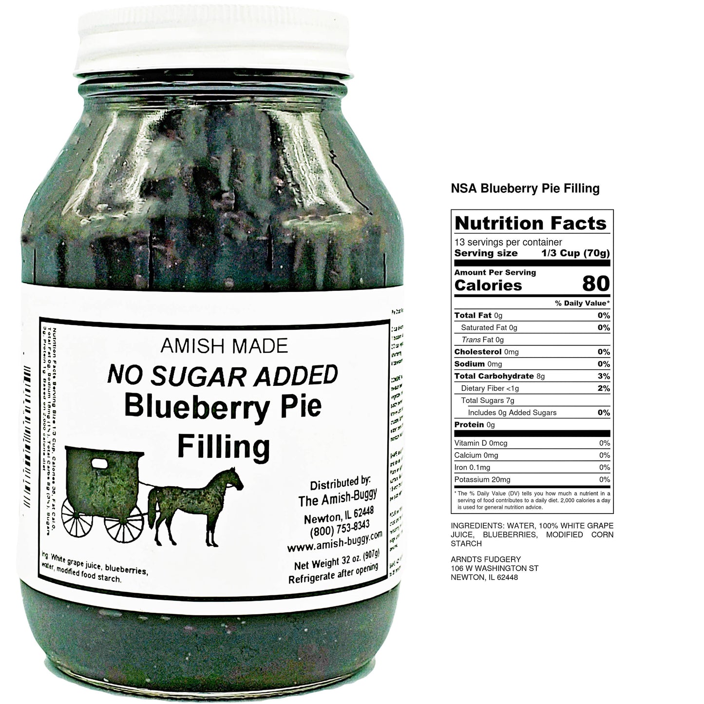 Arndt's Fudgery LLC - Amish Pie Filling - 32 Oz Jar: No Sugar Added Blueberry
