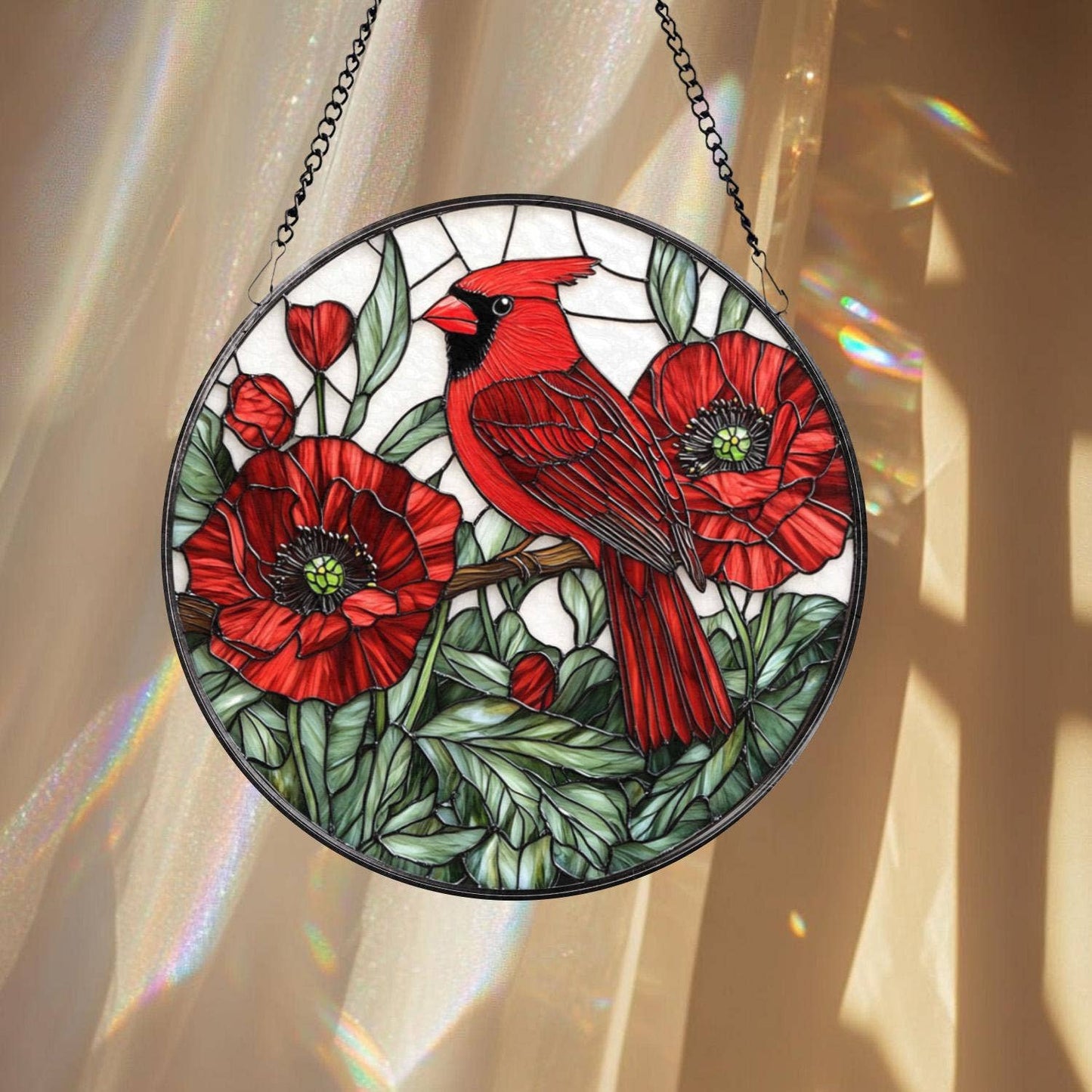 NVC Ecommerce LLC - Cardinal and Red Poppy Suncatcher, Floral Ornament: 11.8in