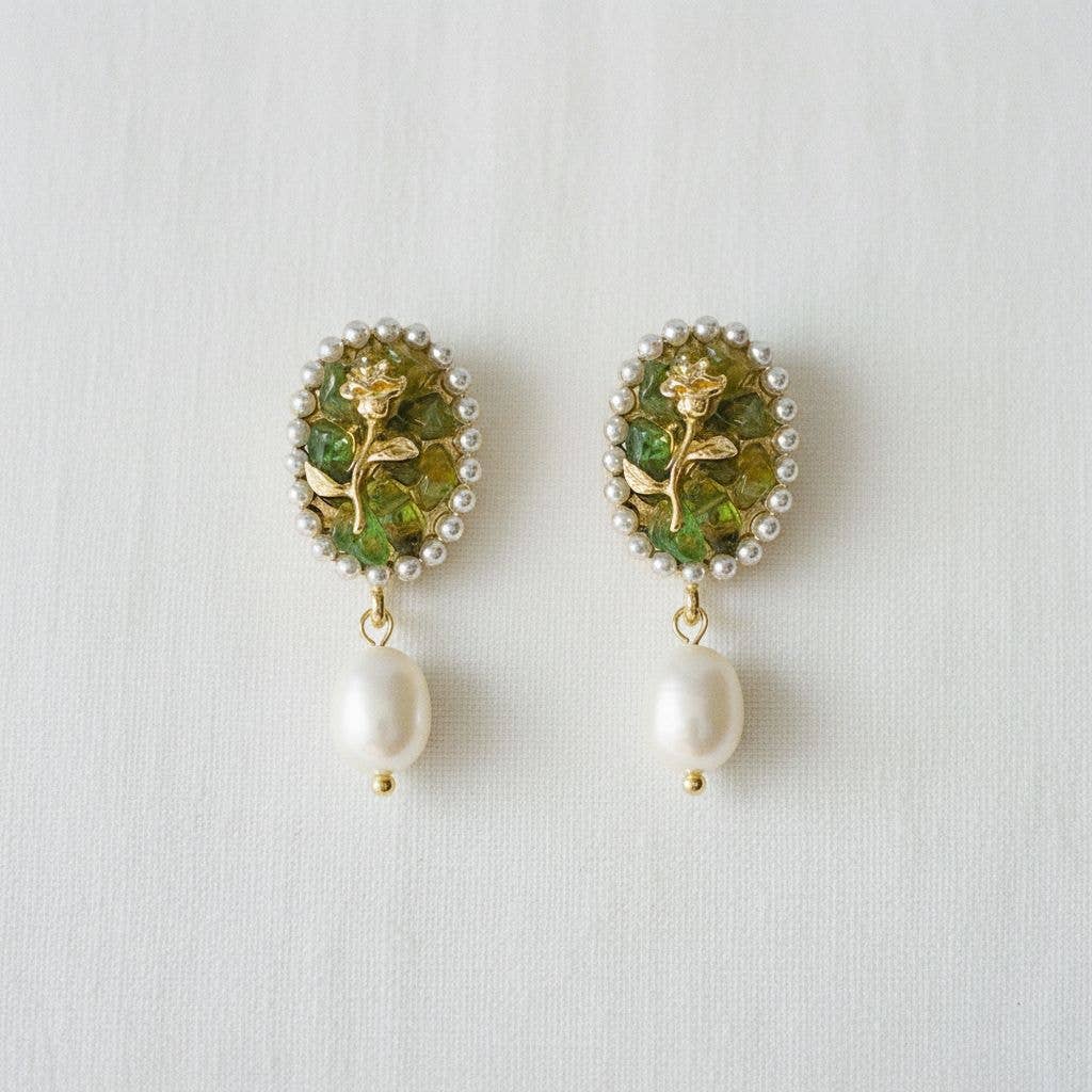 Ellemadera - Artisan Floral Pearl Dangle Earrings