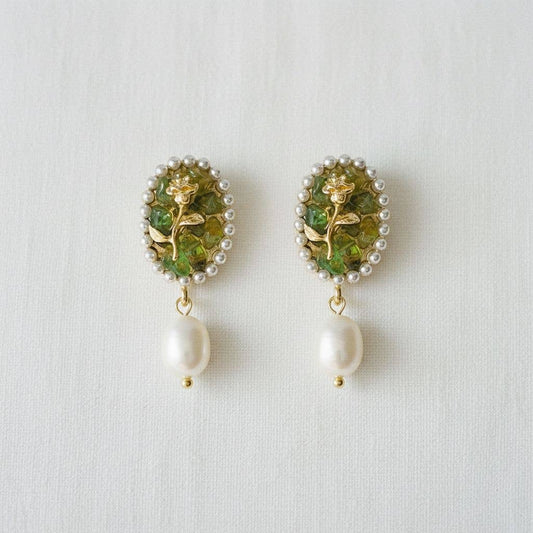 Ellemadera - Artisan Floral Pearl Dangle Earrings