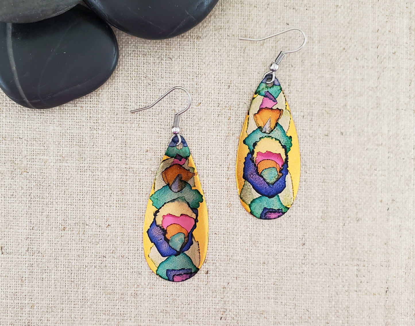 Covaly Artisan Jewelry - Alcohol Ink Medium Teardrop Earrings: Pinks