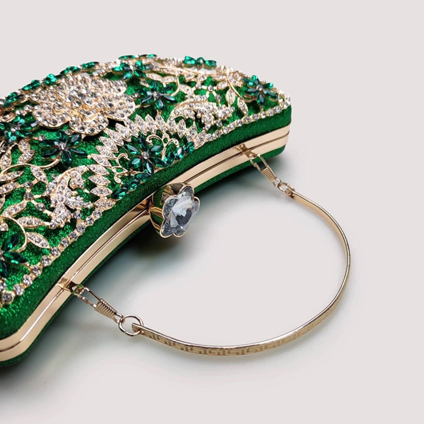 Cici’De Jewelry Amsterdam - Emerald Green Dazzling Half Moon Clutch - Gold Flower Frame