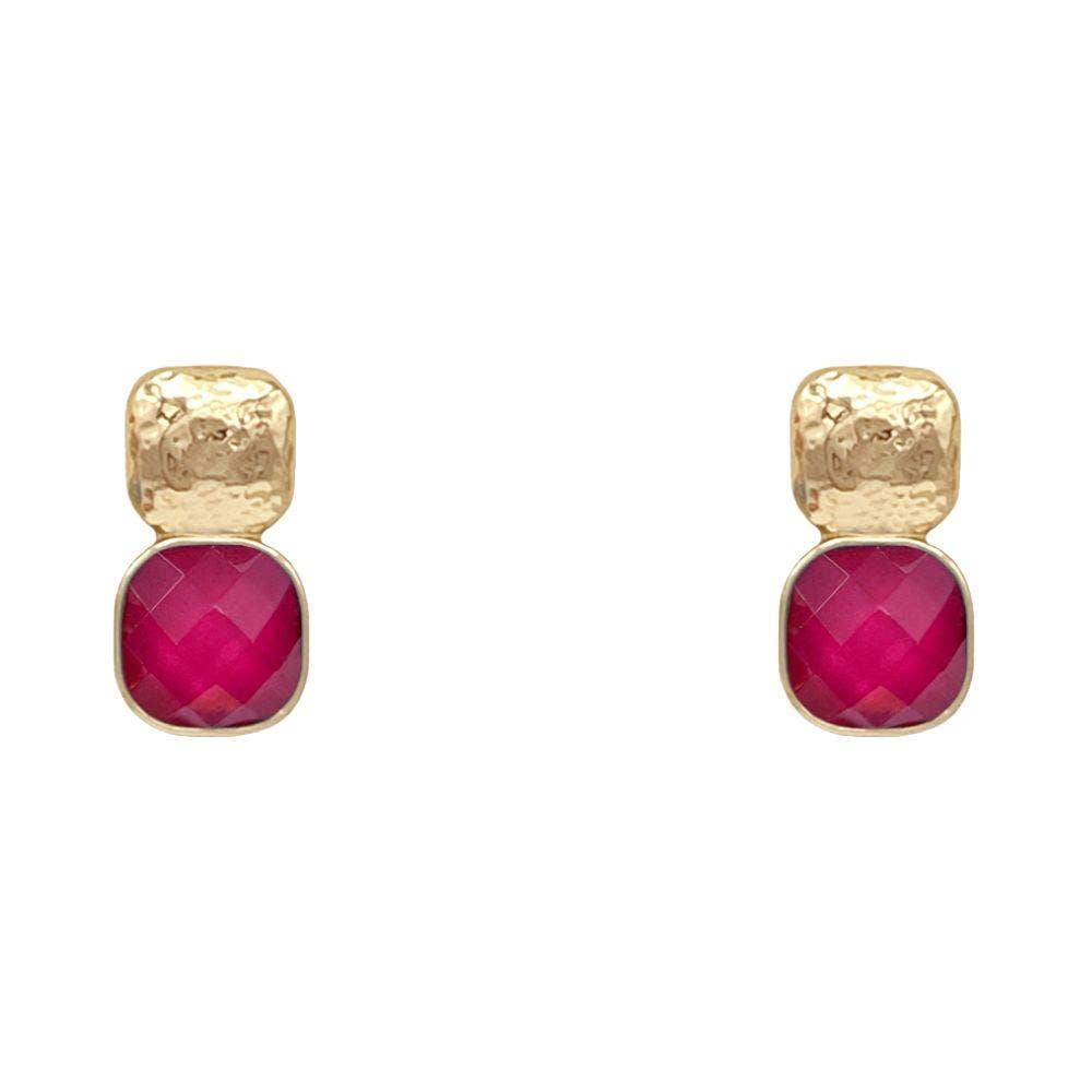 anbfashion - HAMMERED METAL SQUARE STONE EARRING : Gdgrn