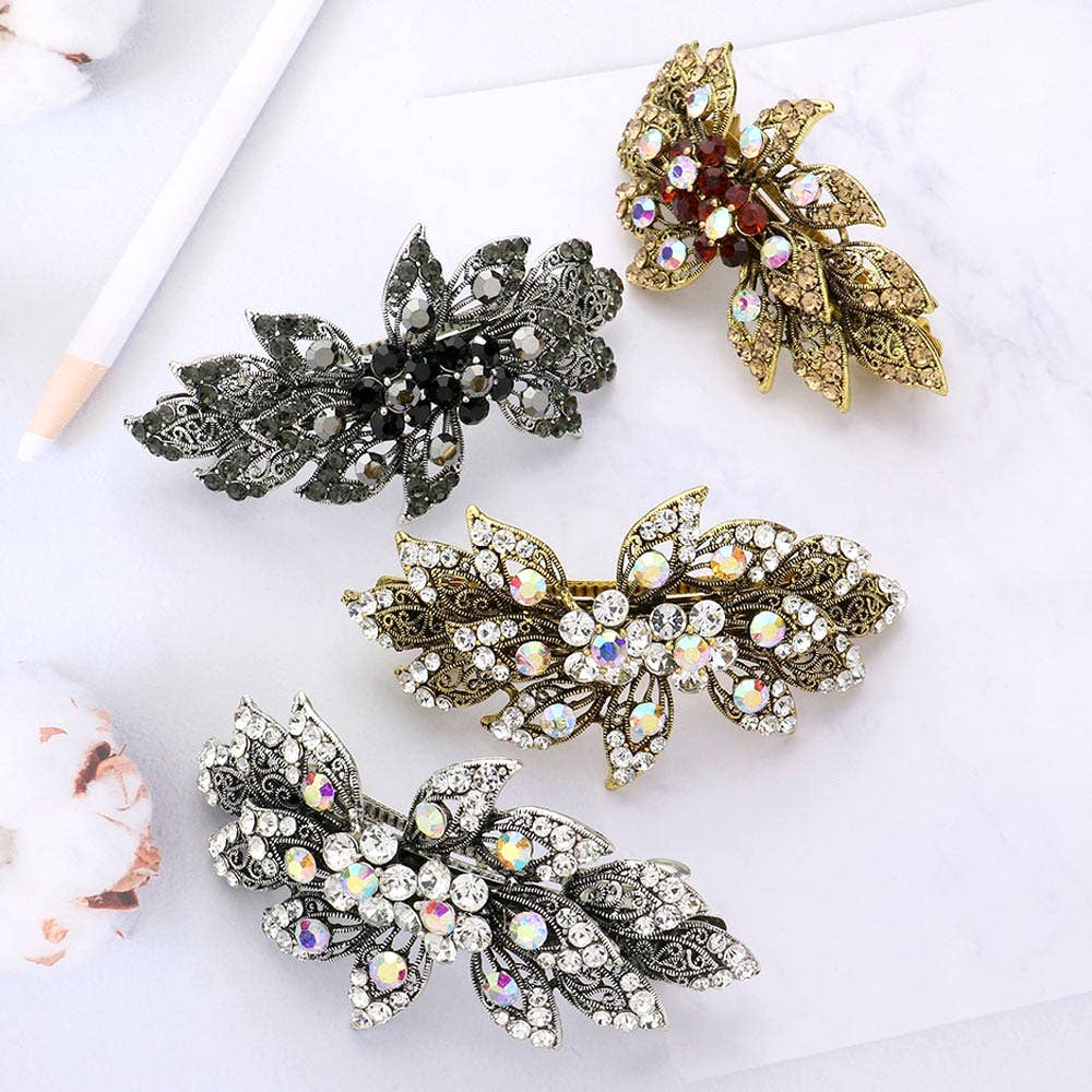 Sensibling Corp. - Stone Embellished Flower Leaf Cluster Barrette
: Clear
