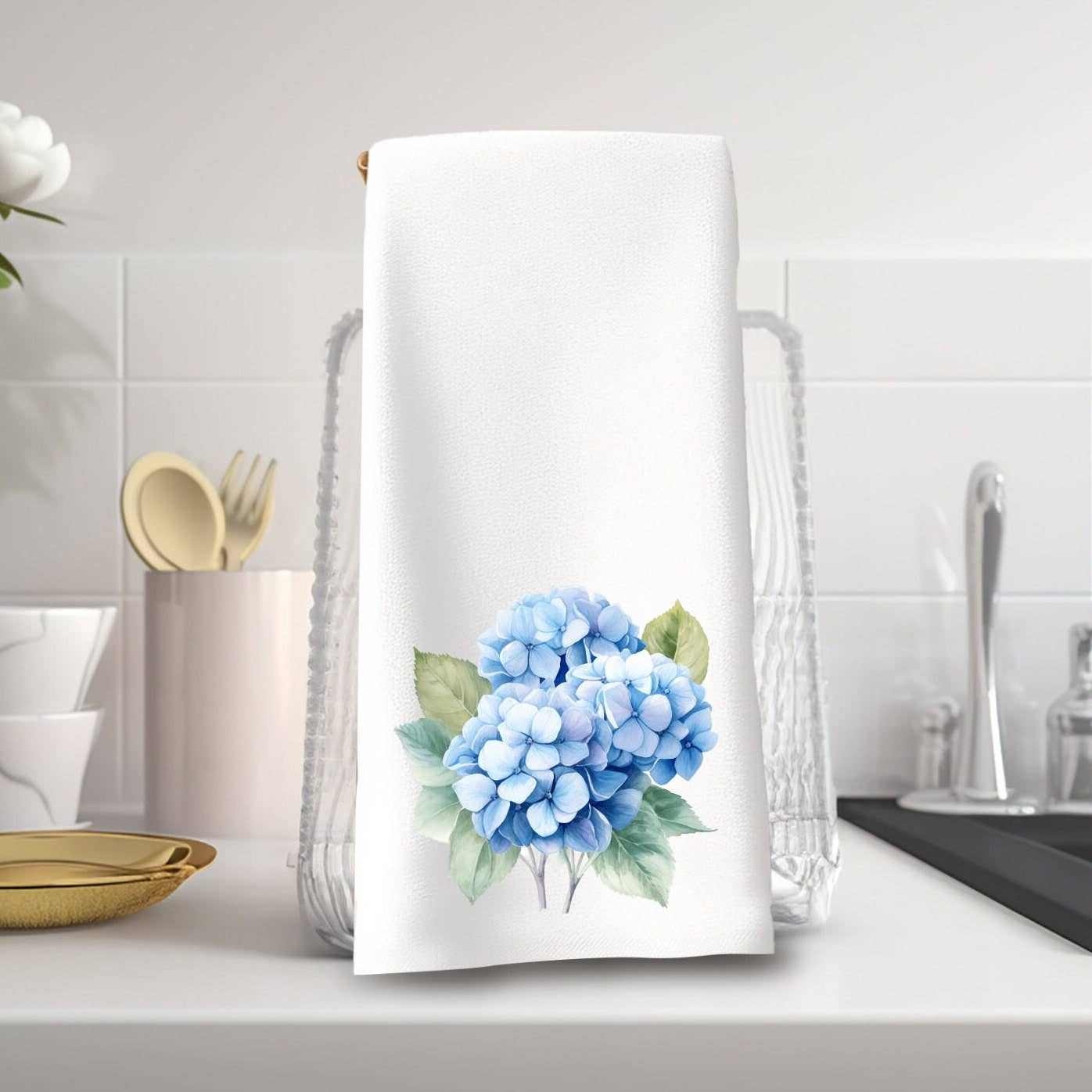 Fernville Creations - Blue Hydrangea Elegant Velour Hand Towel for Bath & Kitchen