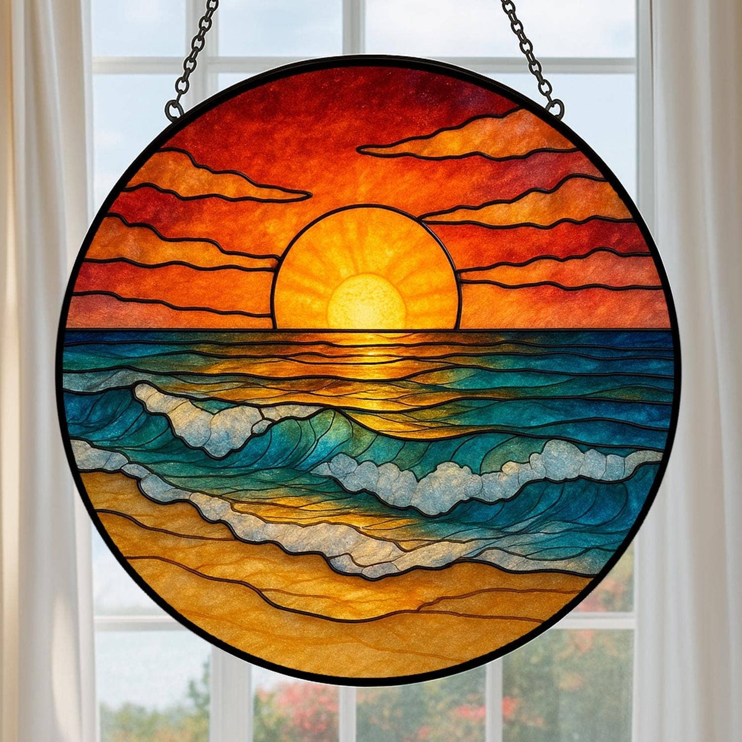 NVC Ecommerce LLC - Beach Sunset Stained Glass Suncatcher, Gift Beach Lover: 11.8in