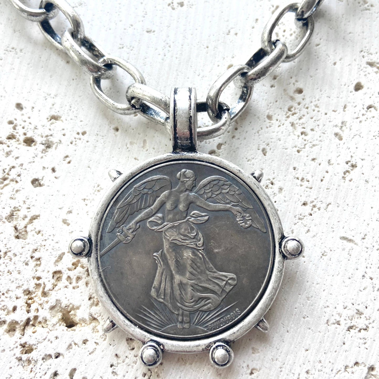 VB&CO Designs Handmade Jewelry - Medallion French Angel coin necklace boutique  jewelry: Burnished silver