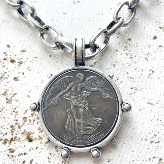 VB&CO Designs Handmade Jewelry - Medallion French Angel coin necklace boutique  jewelry: Burnished silver