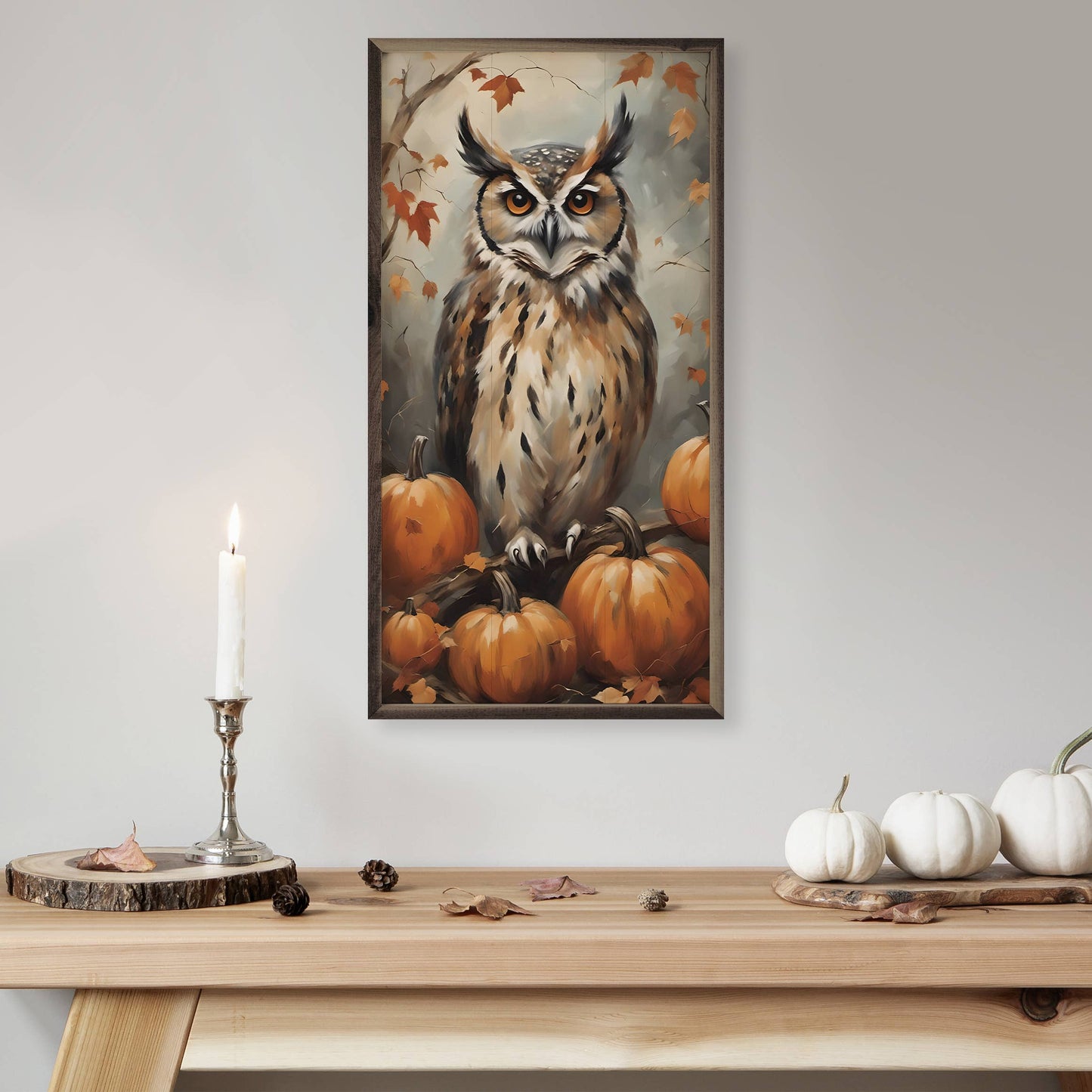 Kendrick Home - Owl With Pumpkins: 12 x 24 x 1.5