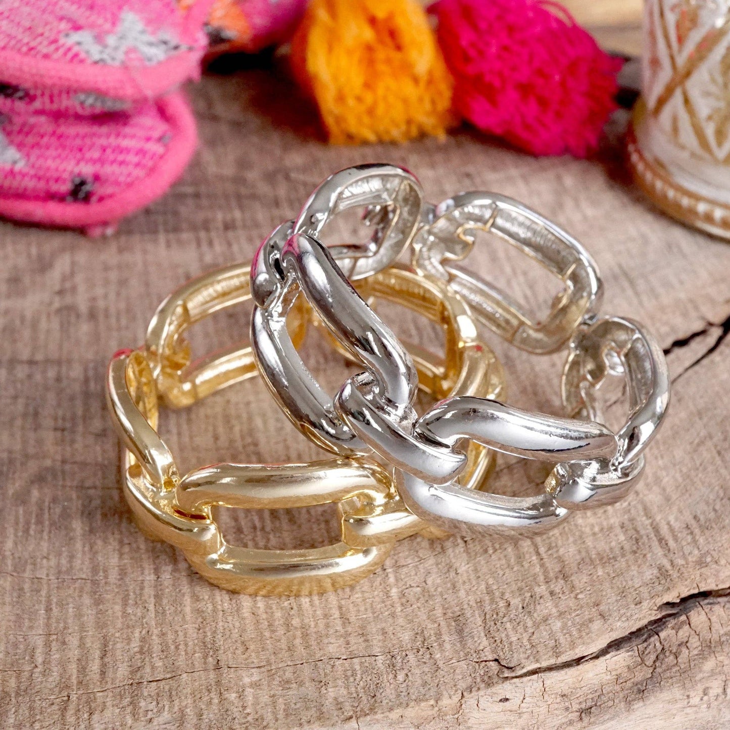 PennyLine inc - Chunky Chain Statement Stretchy Bangle Bracelet in gold or silver tone: Gold Tone