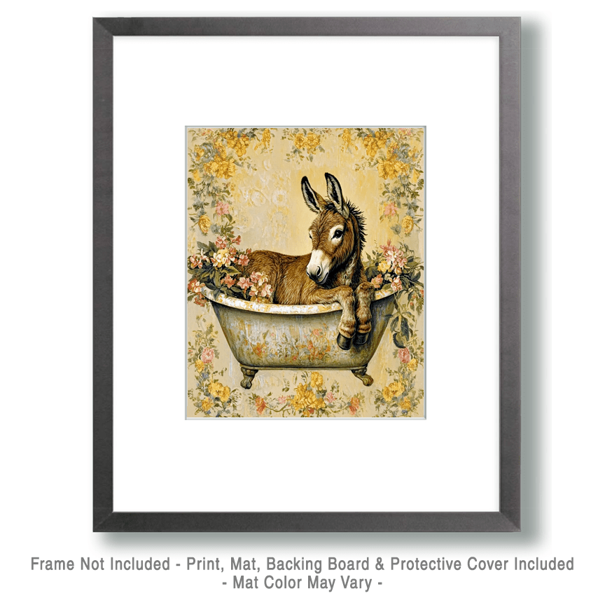 Mowbi - Donkey in Bathtub - Bathroom Wall Art Prints – 8″x10″ Artwork for 11″x14″ Frame