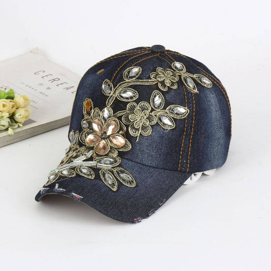 MKS America - Trendy Flower Hot Rhinestone Cowboy Baseball Cap: DeepBlue / M