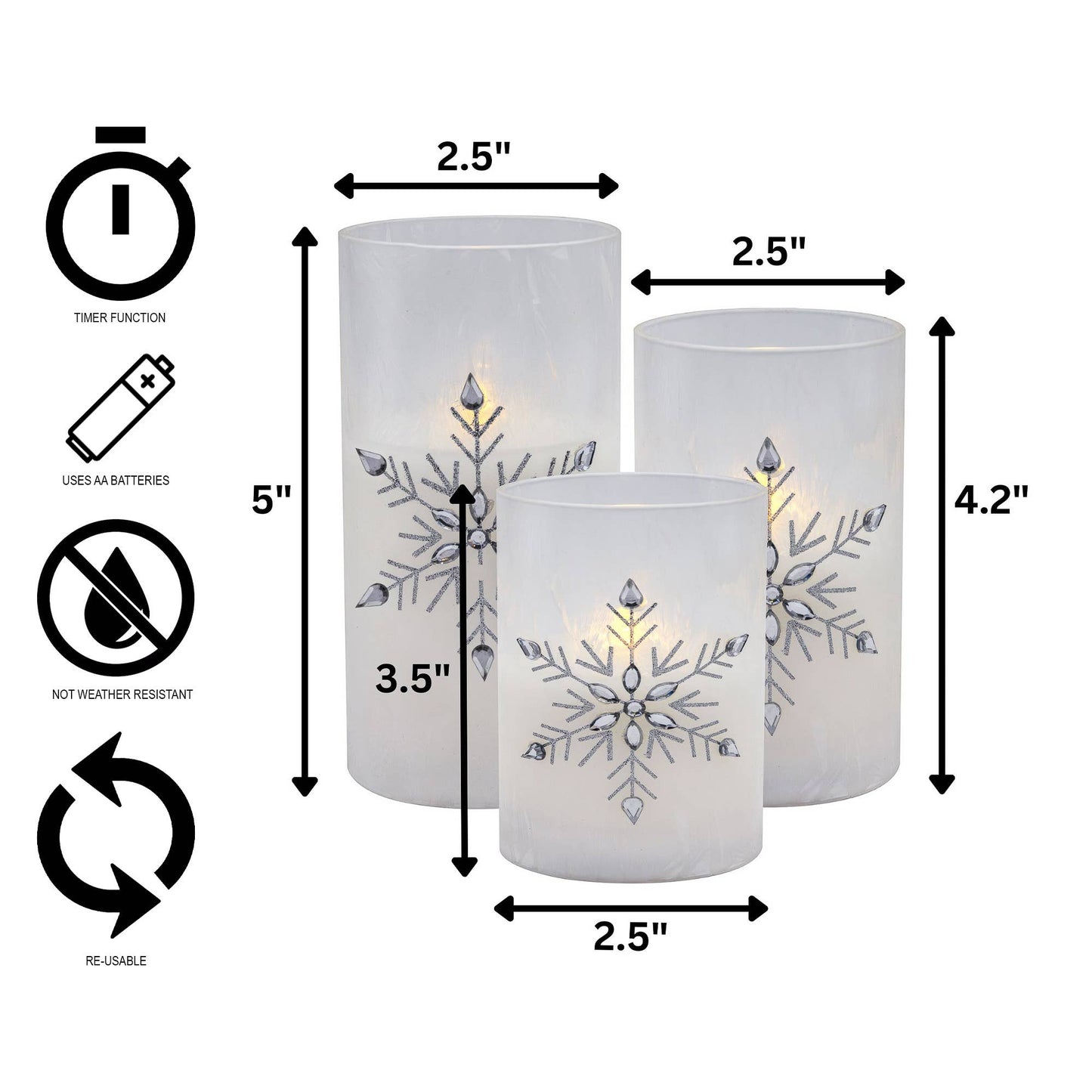 LumaBase - Battery Operated Glass Snowflake Hurricanes - Set of 3