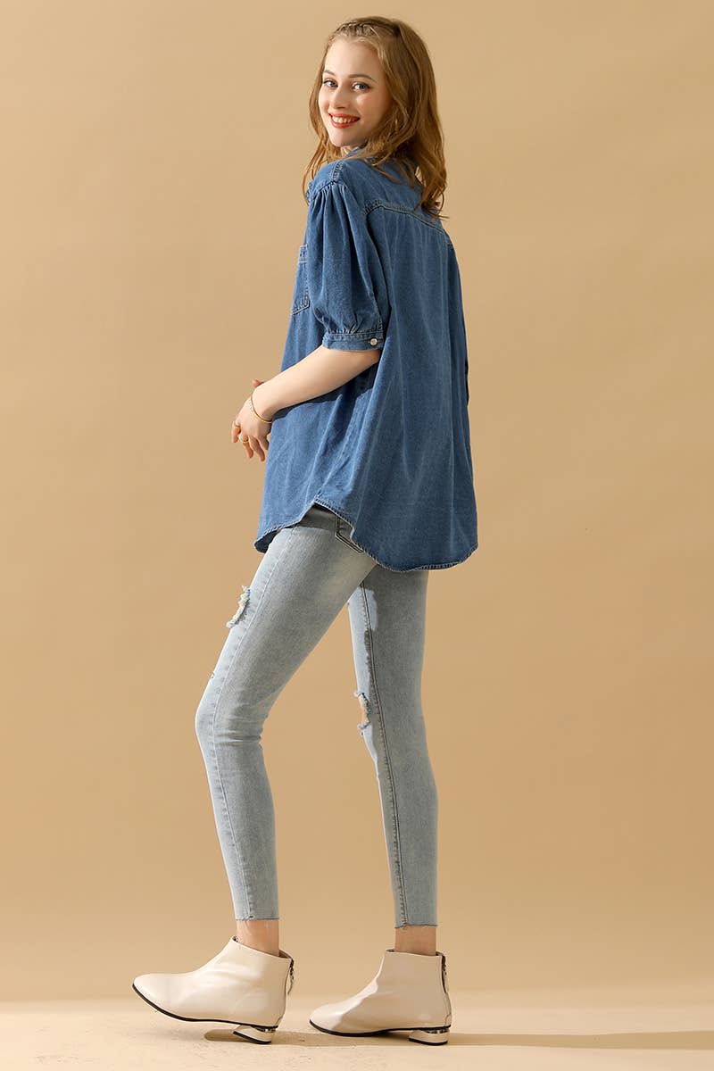 NINEXIS - CWJT0001-B_SHORT PUFF SLEEVE BUTTON DOWN DENIM SHIRTS: DENIM / (M) 1