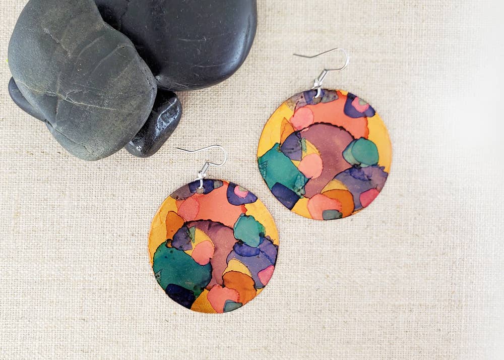 Covaly Artisan Jewelry - Alcohol Ink Large Circle Earrings: Blue/Browns