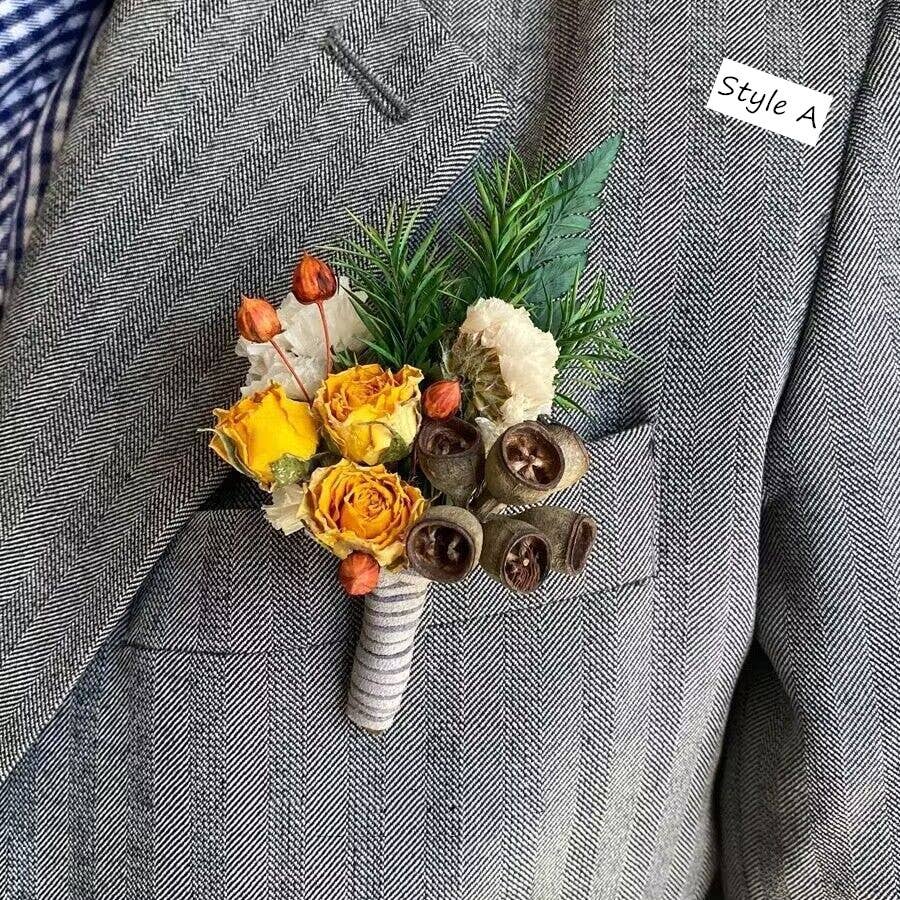 Sweet Home Deco - Dried Flower Mini Floral Bouquet, Boho Greenery Boutonniere: Style B