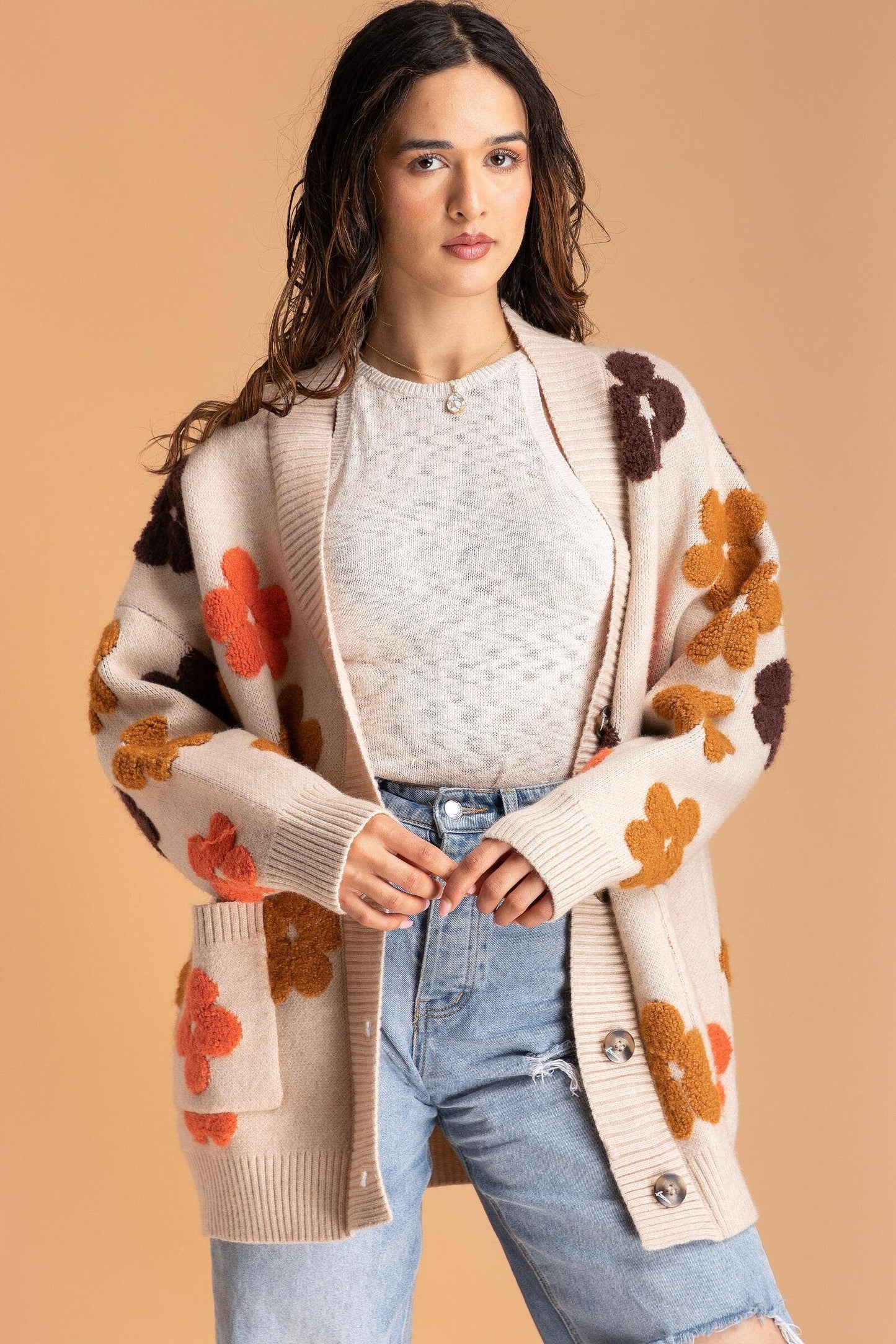 SAACHI - Autumn Floral Knit Cardigan: Beige