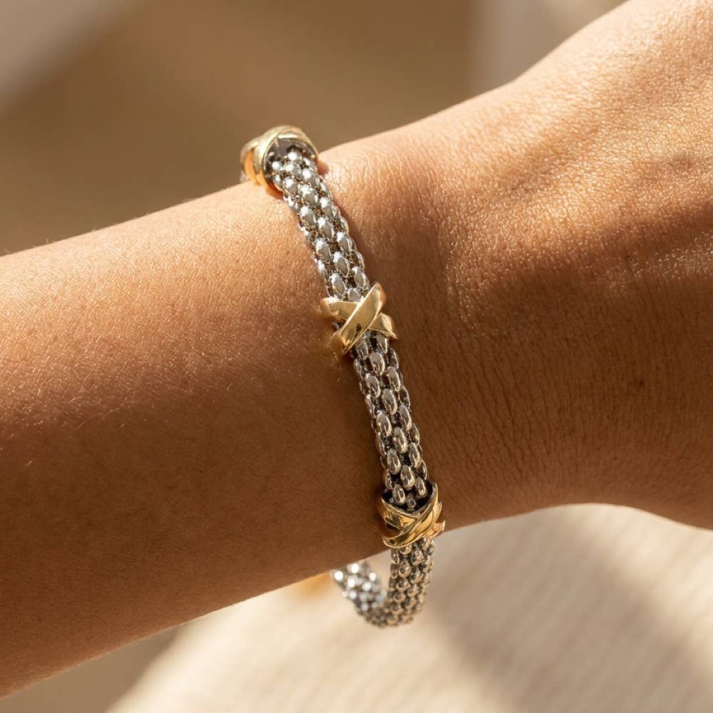 The Looks by Fame Accessories - Gold Plated Two Tone Magnetic Clasp Bracelet: T