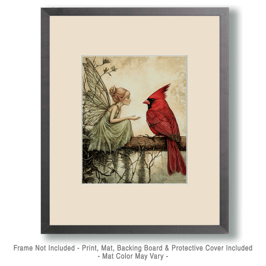 Mowbi - Fairy Confides in Cardinal (Bird) - Fairies Wall Art Prints – 8″x10″ Artwork for 11″x14″ Frame