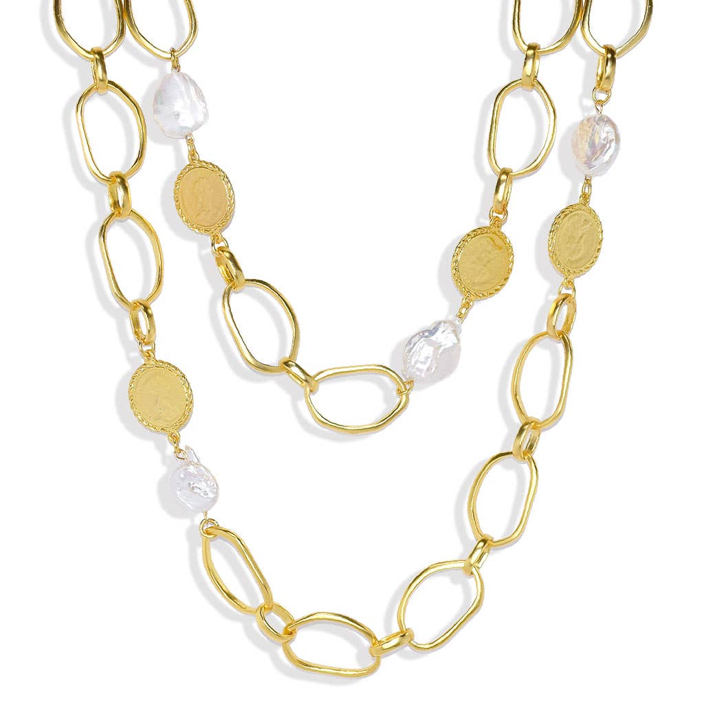 KARINE SULTAN - Irregular links, coins, and large flat pearls layered neckla: Silver
