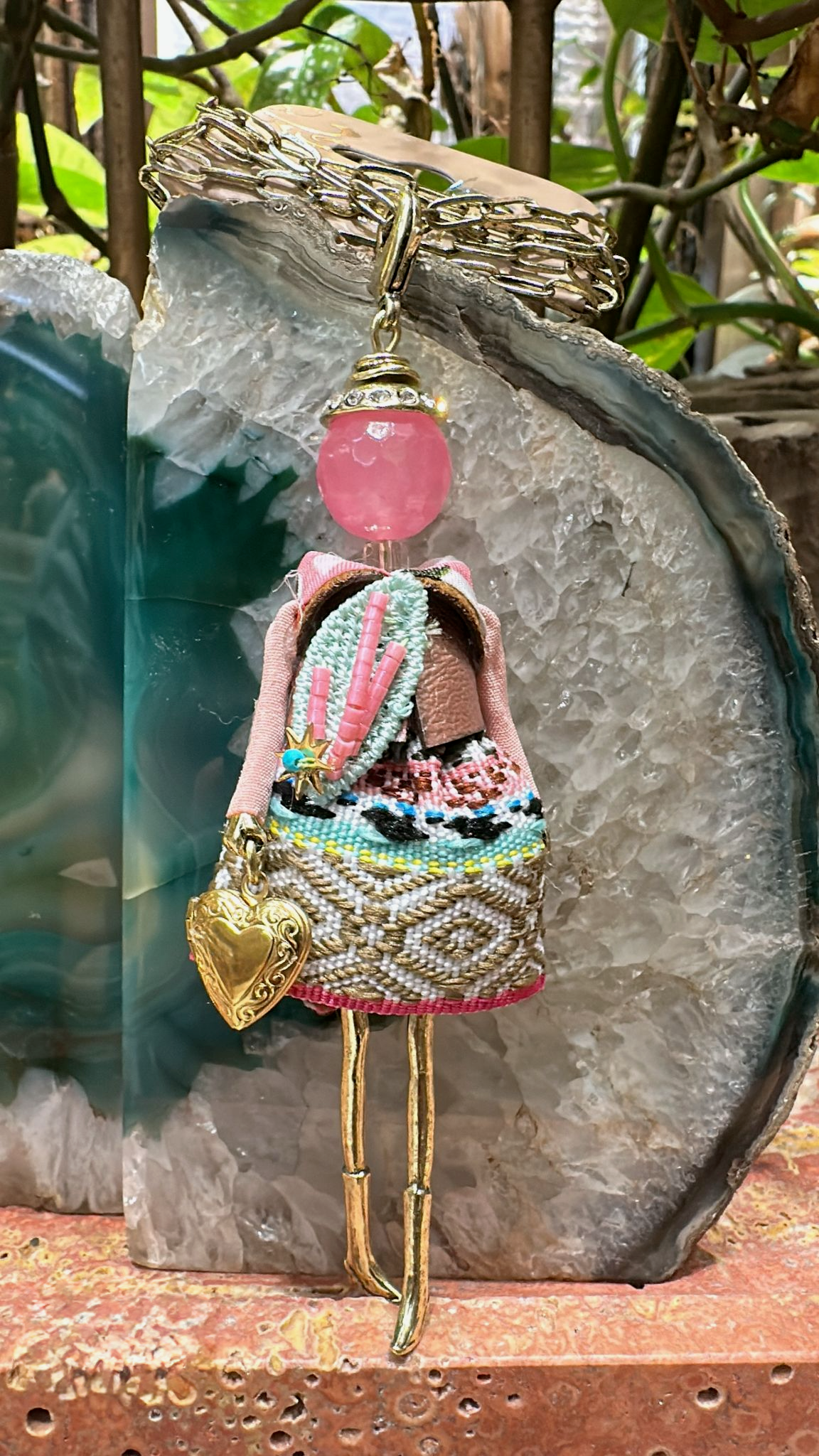 Pretty Persuasions - N23188G Stone Adorned French Doll Stainless Steel Necklace: 04 GD/Pink