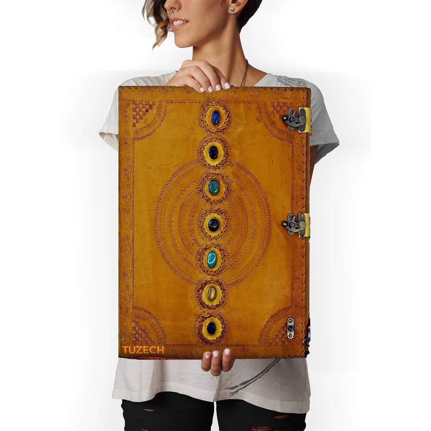 Tuzech Leather - Tuzech Seven Chakra Medieval Stone Embossed Handmade Jumbo Leather Journal Book of Shadows Notebook Office Hocus Pocus Diary College Poetry Sketch With Leather Bound: Brown / 10 x 7 Inches