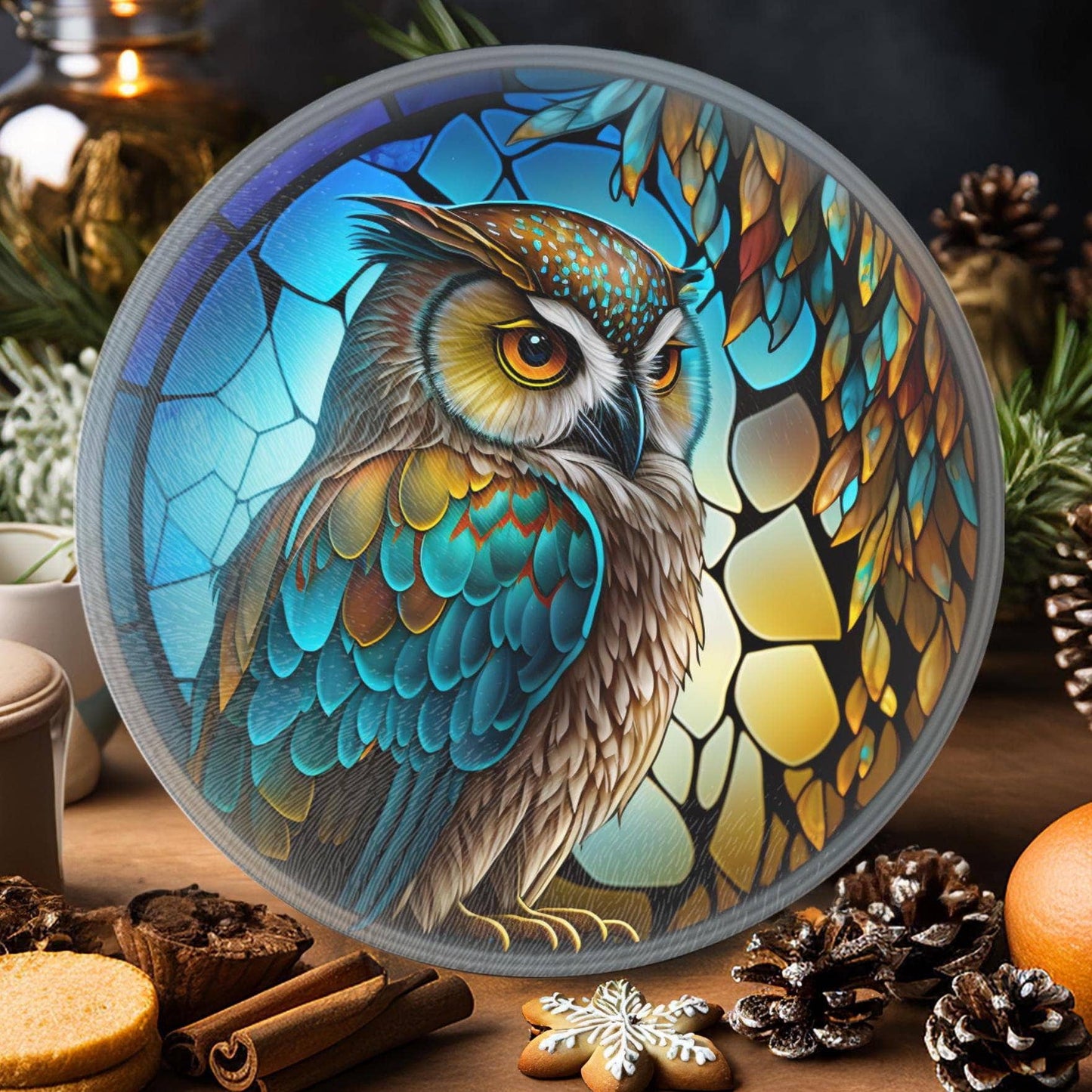Fernville Creations - Owl Tempered Glass Cutting & Serving Board, Wedding Gift: 12 Inch
