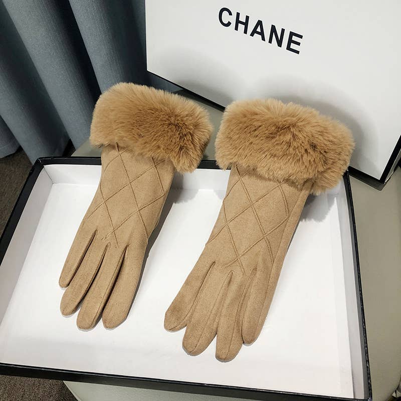 PEACH ACCESSORIES - Winter Elegance Faux Fur Trimmed Gloves HA296: Beige