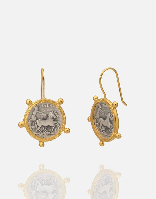 AJS Design Studio - 2 tone gold and rhodium Roman coin with chariot earring