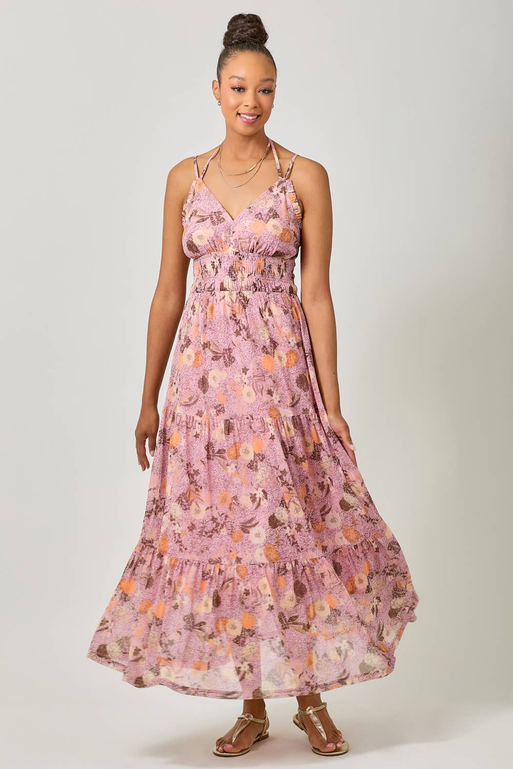 Mystree - 61048 Printed Mesh Long Tiered Dress: Ivory/Pale Blue / Large