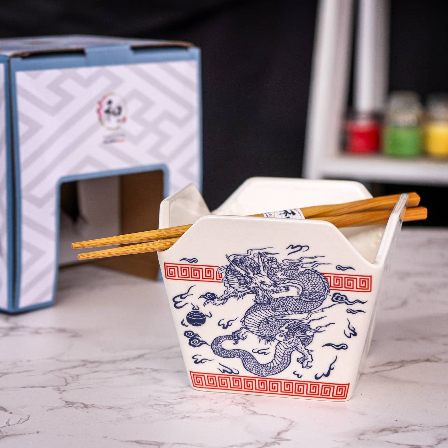 Urban Tokyo - 16oz 5"W x 4"H Takeout Box Serving Bowl With Chopsticks Dragon (1/24)