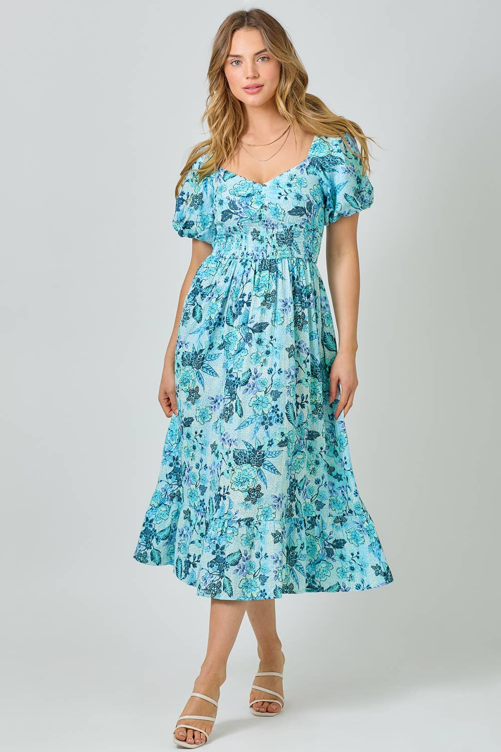 Mystree - 60945 Balloon Sleeve Long Dress: Ocean Blue / Large